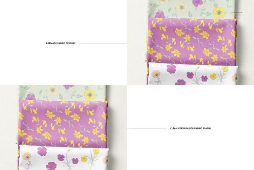 PSD mockup showing several folded textiles with different flower prints, displayed in a neat vertical stack, top perspective.