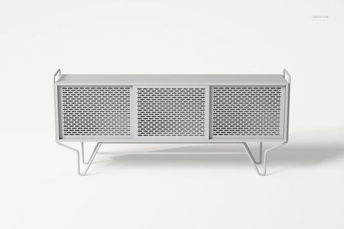 Art Deco sideboard with three panel doors, geometric mesh pattern, and light gray finish, front view on white background.