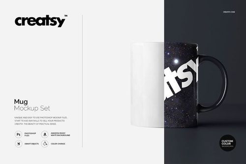 PSD mockup of a mug with a space-inspired pattern and prominent white text, set against a neutral background.