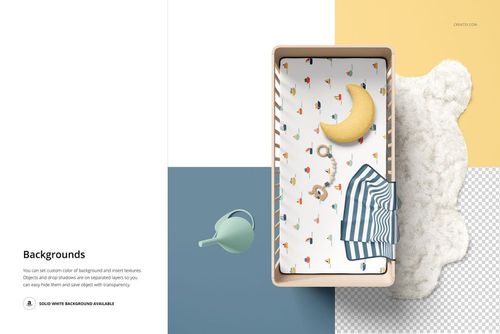 Top view of a fitted crib sheet mockup in a wooden crib, featuring a playful pattern and soft baby props.