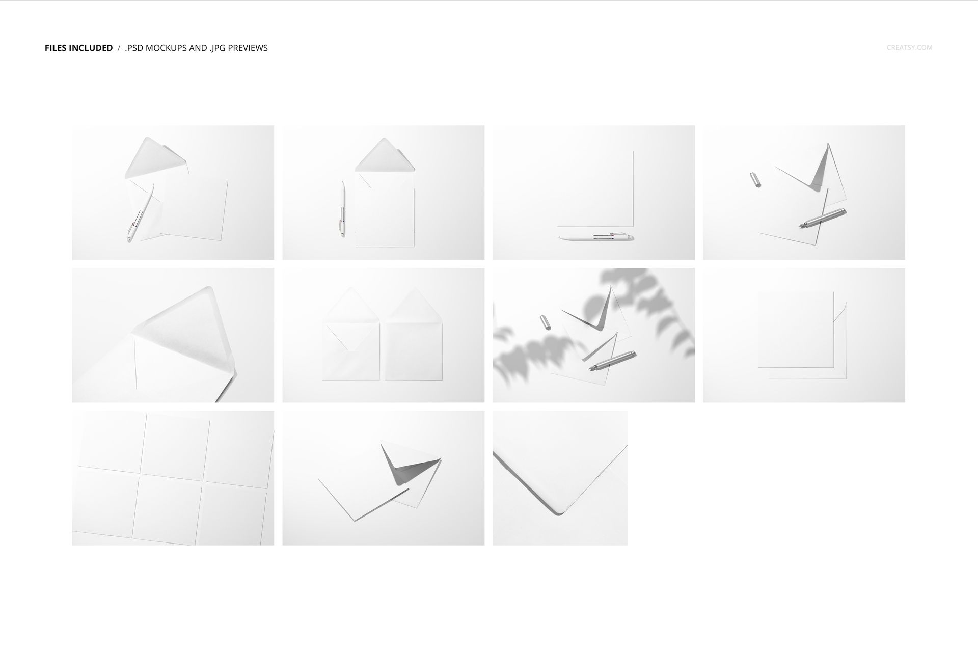 Square card and envelope stationery mockup set displayed in various arrangements on a white background, top view.