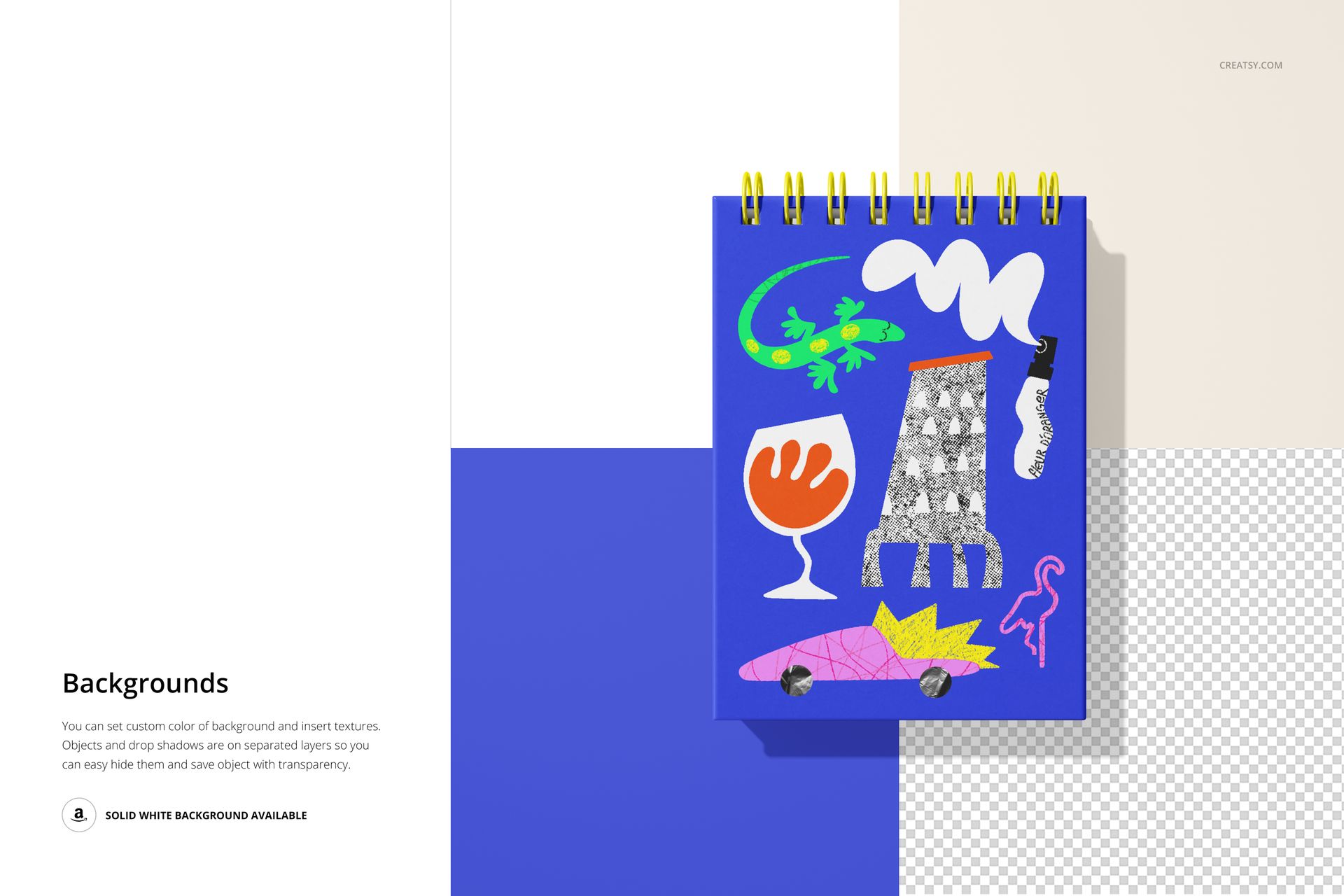 A6 spiral ring flip top notebook mockup with a blue cover featuring colorful abstract illustrations, front view.
