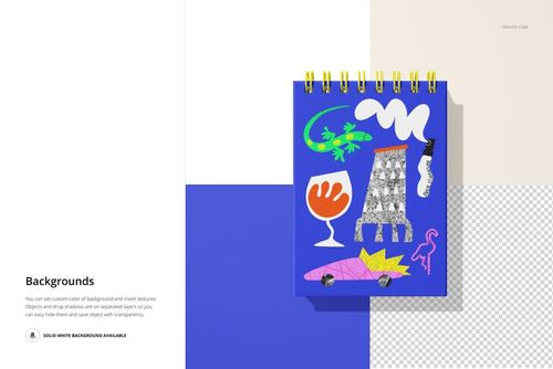 A6 spiral ring flip top notebook mockup with a blue cover featuring colorful abstract illustrations, front view.