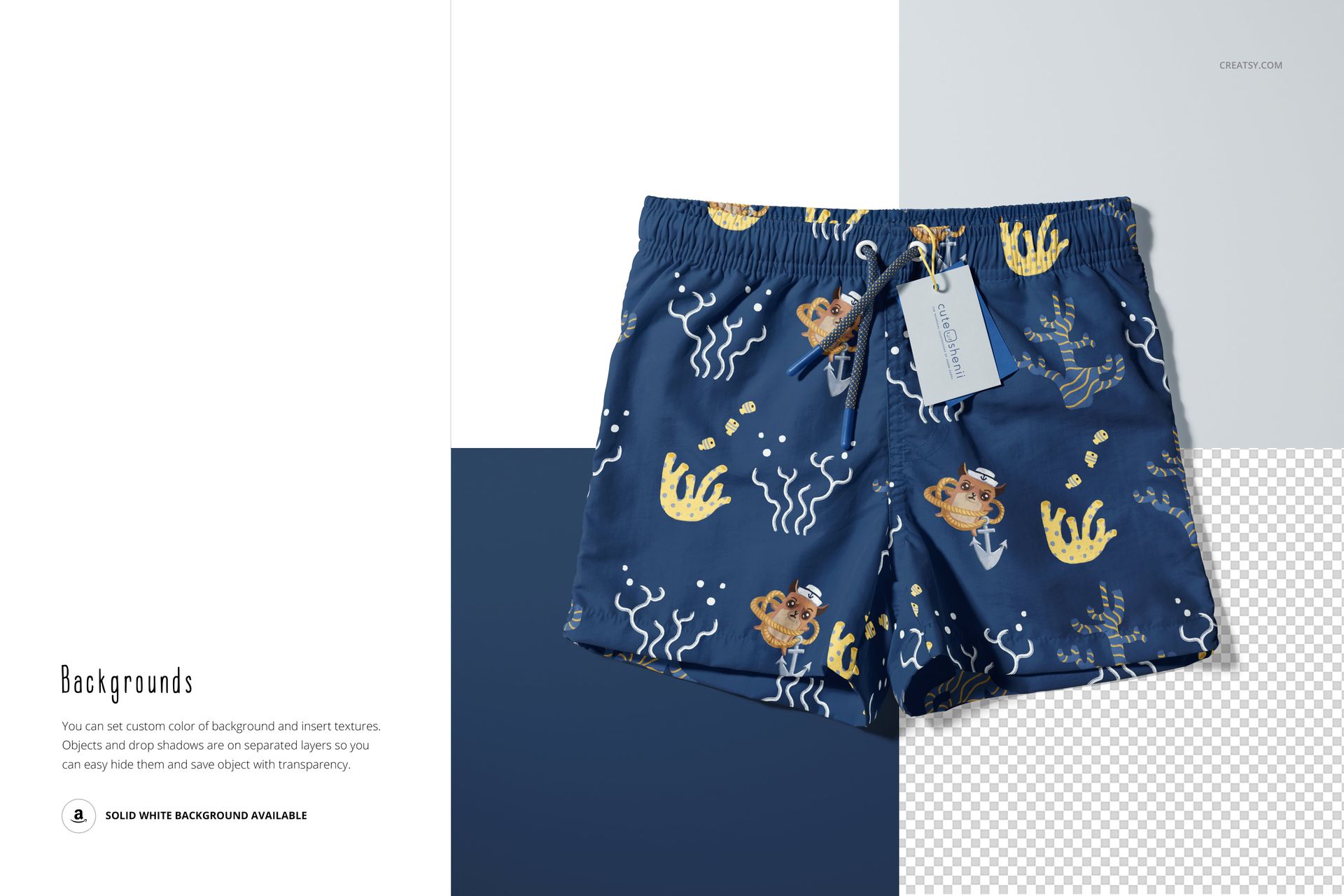 Front view of kids swim shorts mockup featuring a blue base with yellow coral and fish illustrations, tag visible.