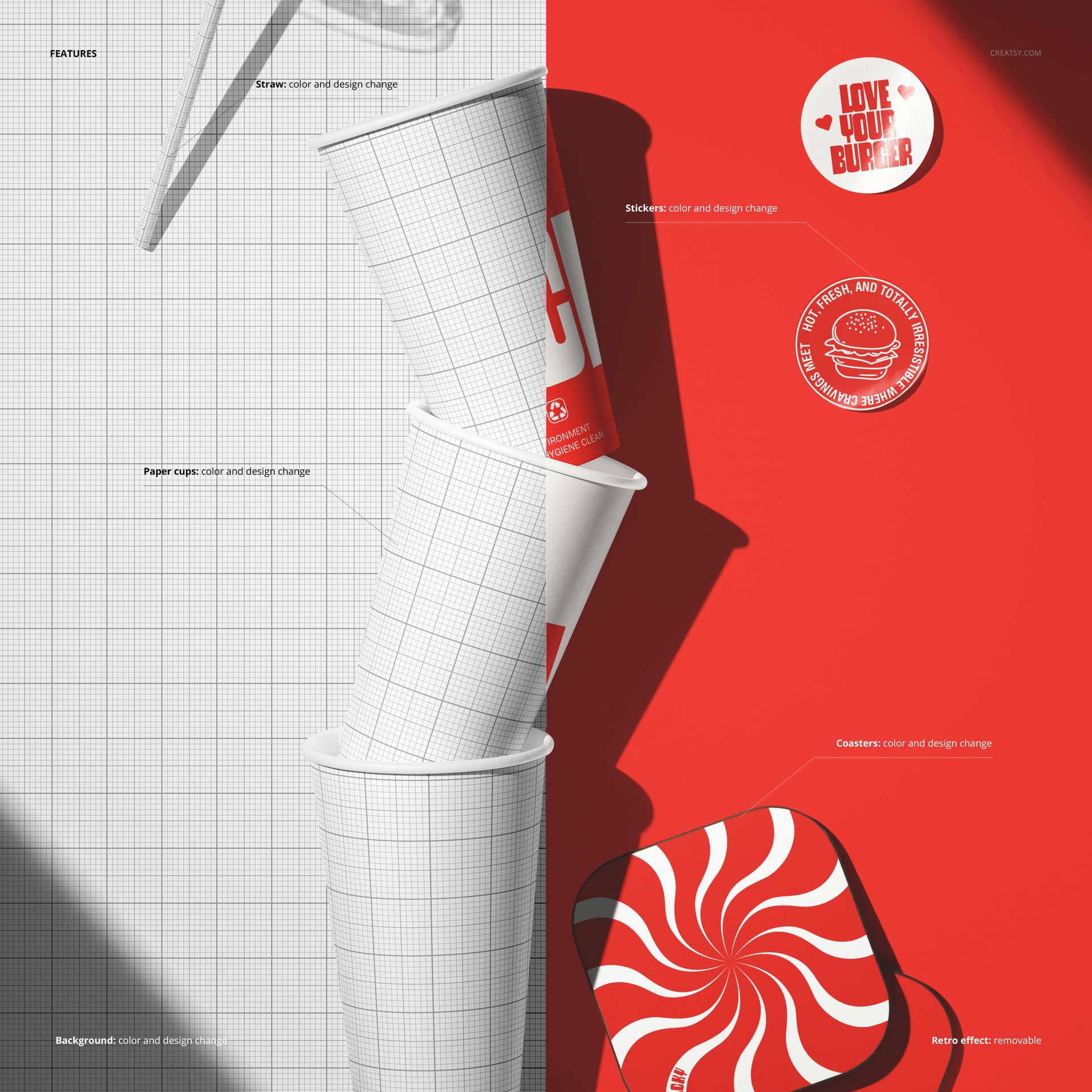 PSD mockup featuring paper cups and circular coasters, shown from a top and side view on a two-tone backdrop.