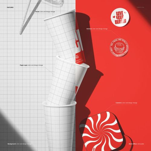 PSD mockup featuring paper cups and circular coasters, shown from a top and side view on a two-tone backdrop.