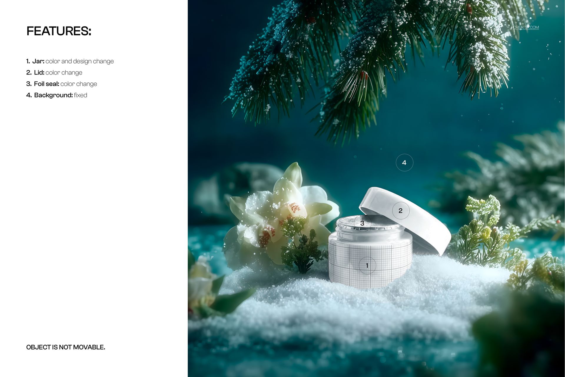 Plastic cosmetic cream jar mockup in a winter scene, surrounded by snow and greenery, front angle view.