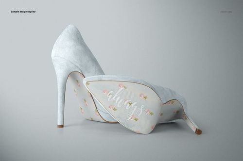 High heels mockup featuring white suede shoes with floral soles and cursive text, displayed in side and bottom view.