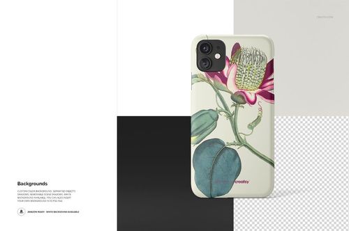 iPhone 11 matte snap case mockup with a floral design, displayed upright on a background with white, black, and gray panels.
