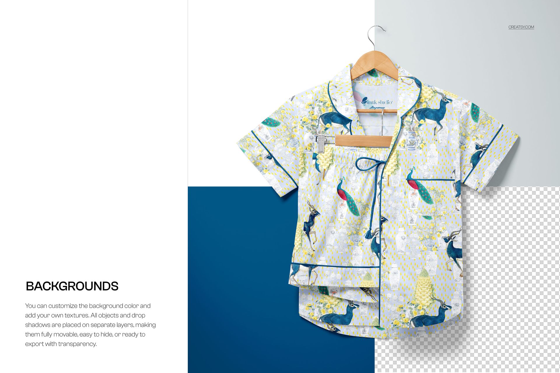 Short-sleeve pajama top and shorts with colorful animal pattern, hanging on a wooden hanger, front view mockup.