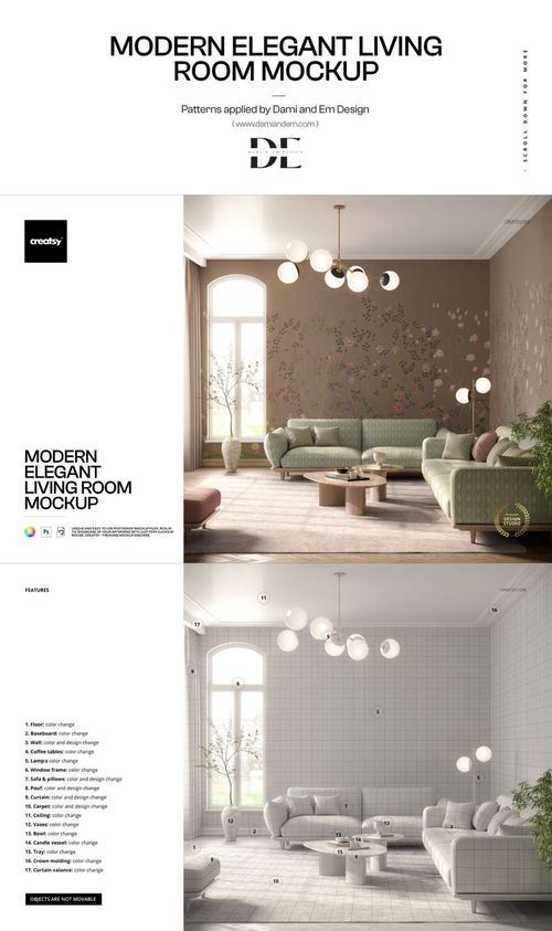 Living room mockup featuring two sofa arrangements, one with floral wallpaper and pastel furniture, shown from a front view.