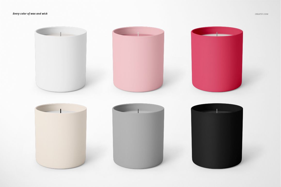 Classic candle mockup set showing six colored candles with visible wicks, presented in a minimalist layout.
