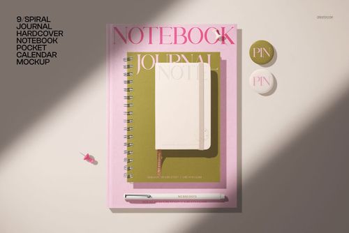 Top view of a stationery set with spiral journal, hardcover notebook, pocket calendar, and mockup props in soft pink and beige tones.