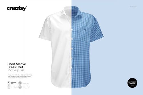 Front view of a short sleeve dress shirt mockup, split design showing plain white and blue checkered patterns on a neutral background.