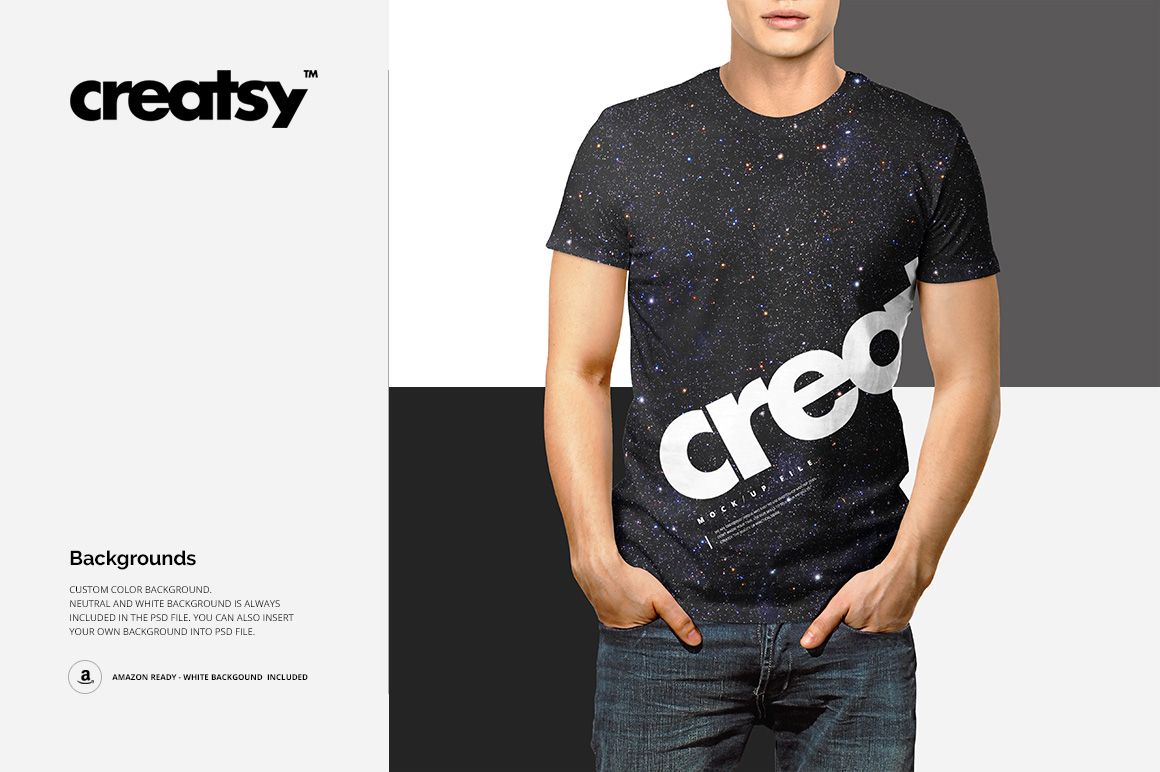 Front view of a men’s t-shirt mockup featuring a dark galaxy pattern and bold white text, worn by a male model.