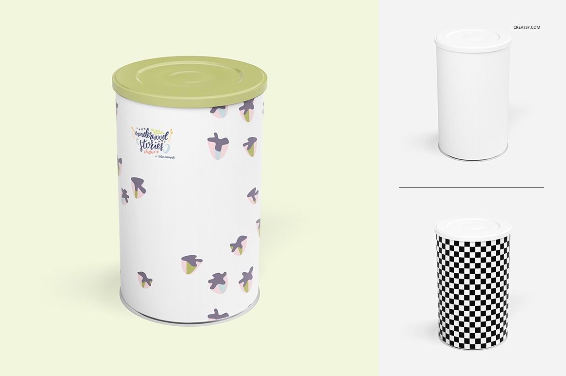 Tin canister mockup with a light green lid, featuring a white body decorated with abstract pastel patterns, front view.