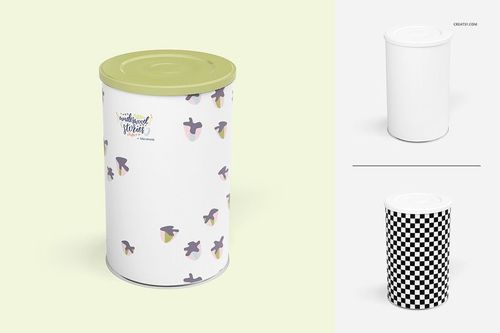 Tin canister mockup with a light green lid, featuring a white body decorated with abstract pastel patterns, front view.