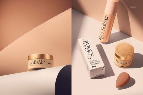 Cosmetics packaging mockup with cream jar, pump bottle, and box on a beige surface in soft lighting.