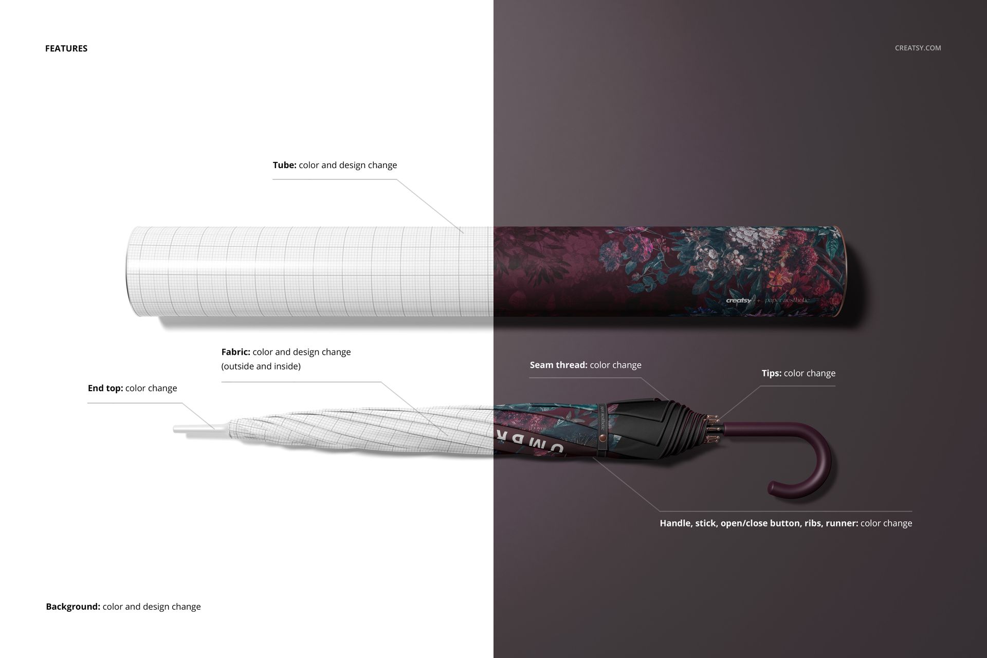 Umbrella packaging mockup showing a closed umbrella with floral pattern and matching cylindrical case, split view.