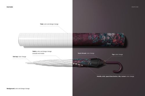 Umbrella packaging mockup showing a closed umbrella with floral pattern and matching cylindrical case, split view.