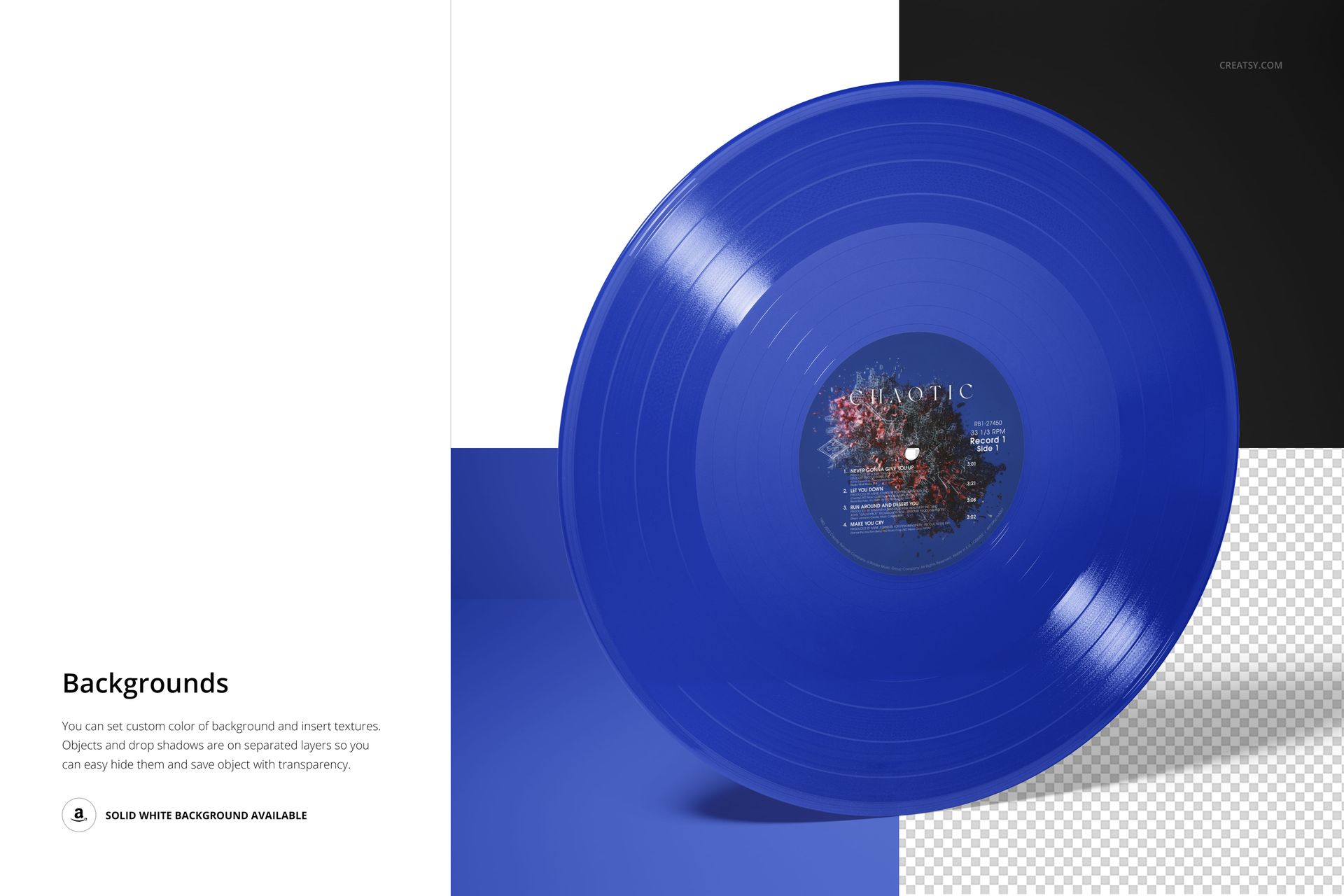 Standing colored vinyl record mockup featuring a vibrant blue disc and detailed label on a geometric background.