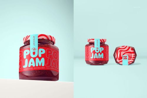 Strawberry jam jar mockup featuring a bold red and blue label design, displayed on a clean, pale blue surface.