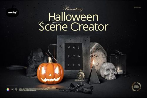 Front view of Halloween Scene Creator mockup featuring a carved pumpkin, skull, geometric decor, and dark props.