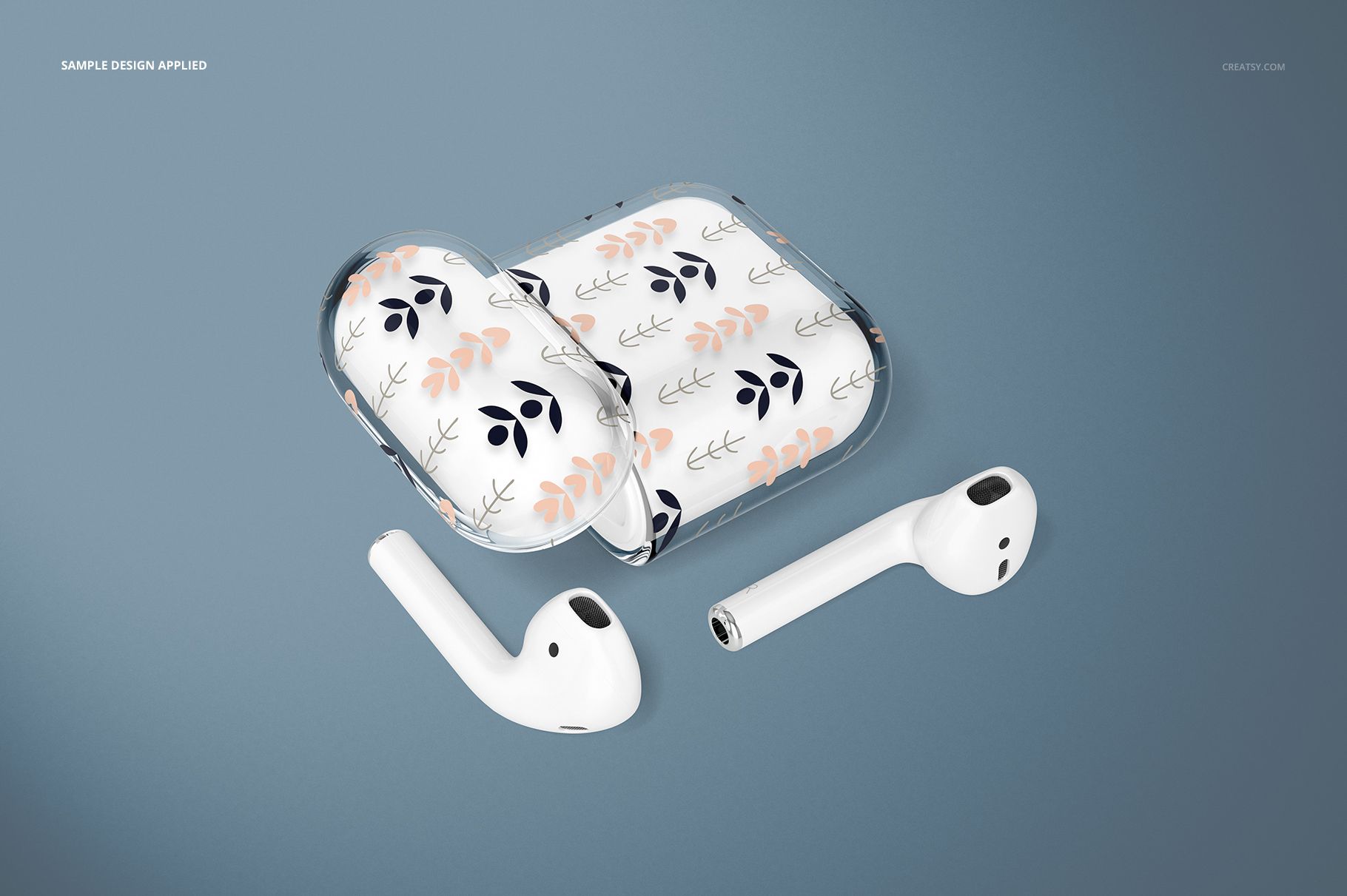 AirPods clear case mockup featuring a leaf and flower design, shown open with AirPods positioned in front.