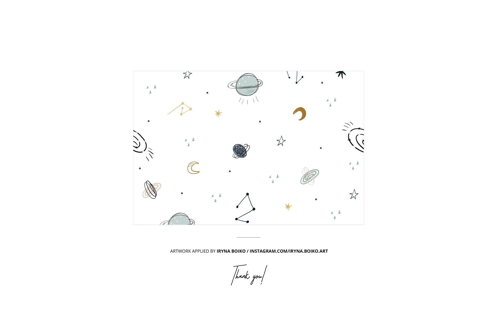 Kids bed sheet mockup featuring a white sheet with hand-drawn planets, stars, and celestial motifs in soft colors, top view.
