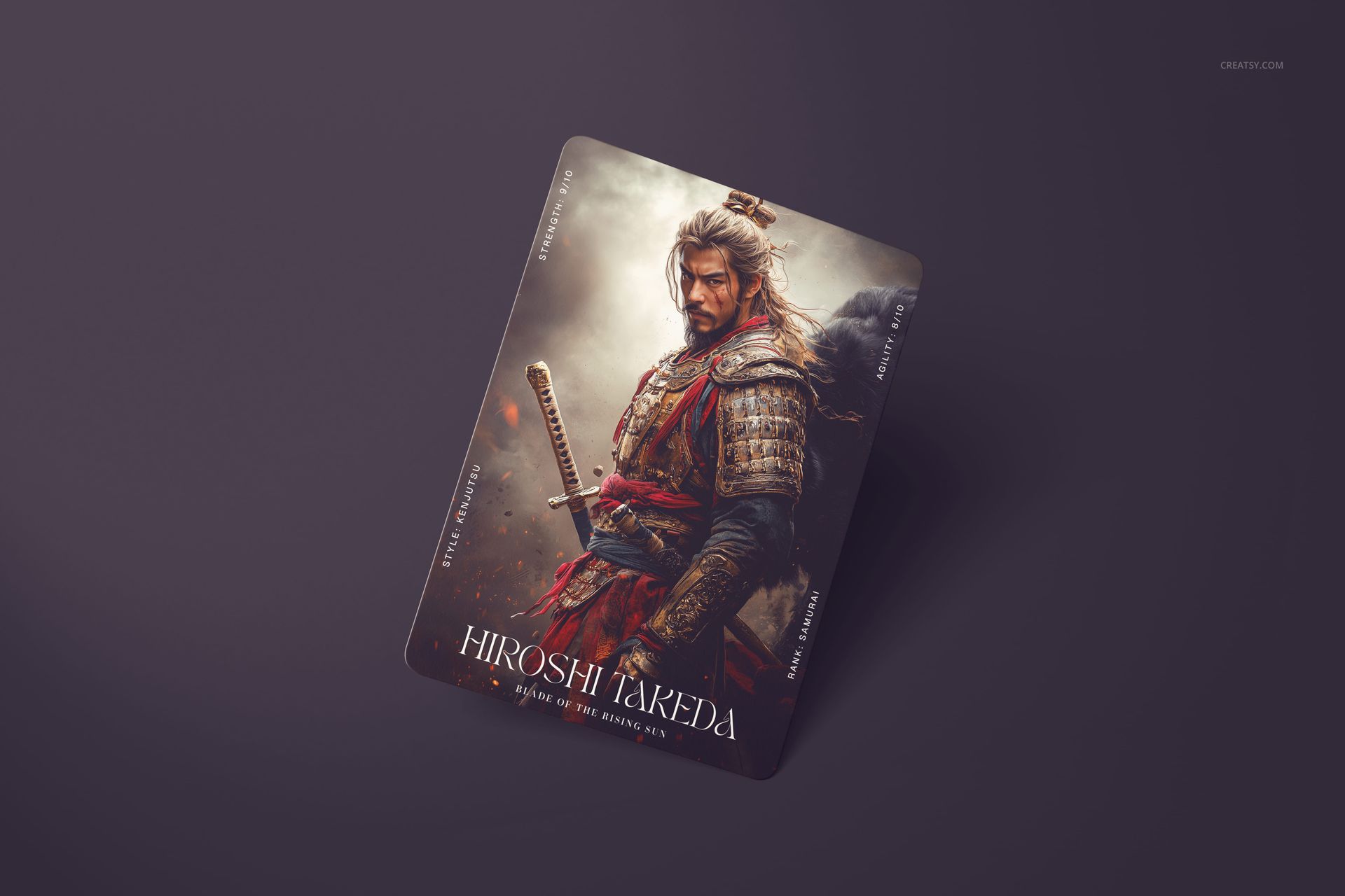 Single trading card mockup featuring a warrior in ornate armor with a sword, displayed on a dark background.
