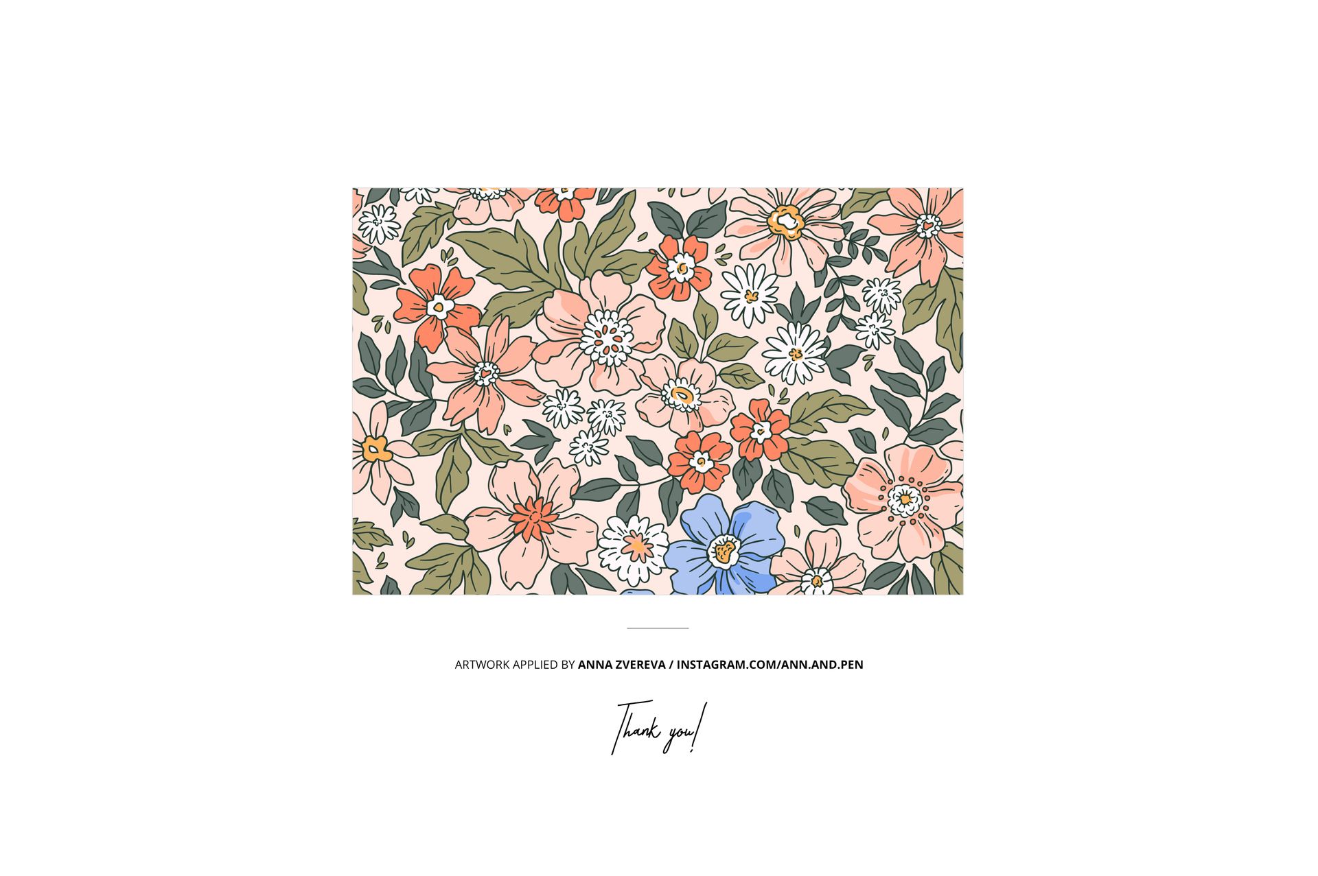 Folded duvet and pillow mockup featuring a floral pattern in peach, blue, white, and green, viewed from above.