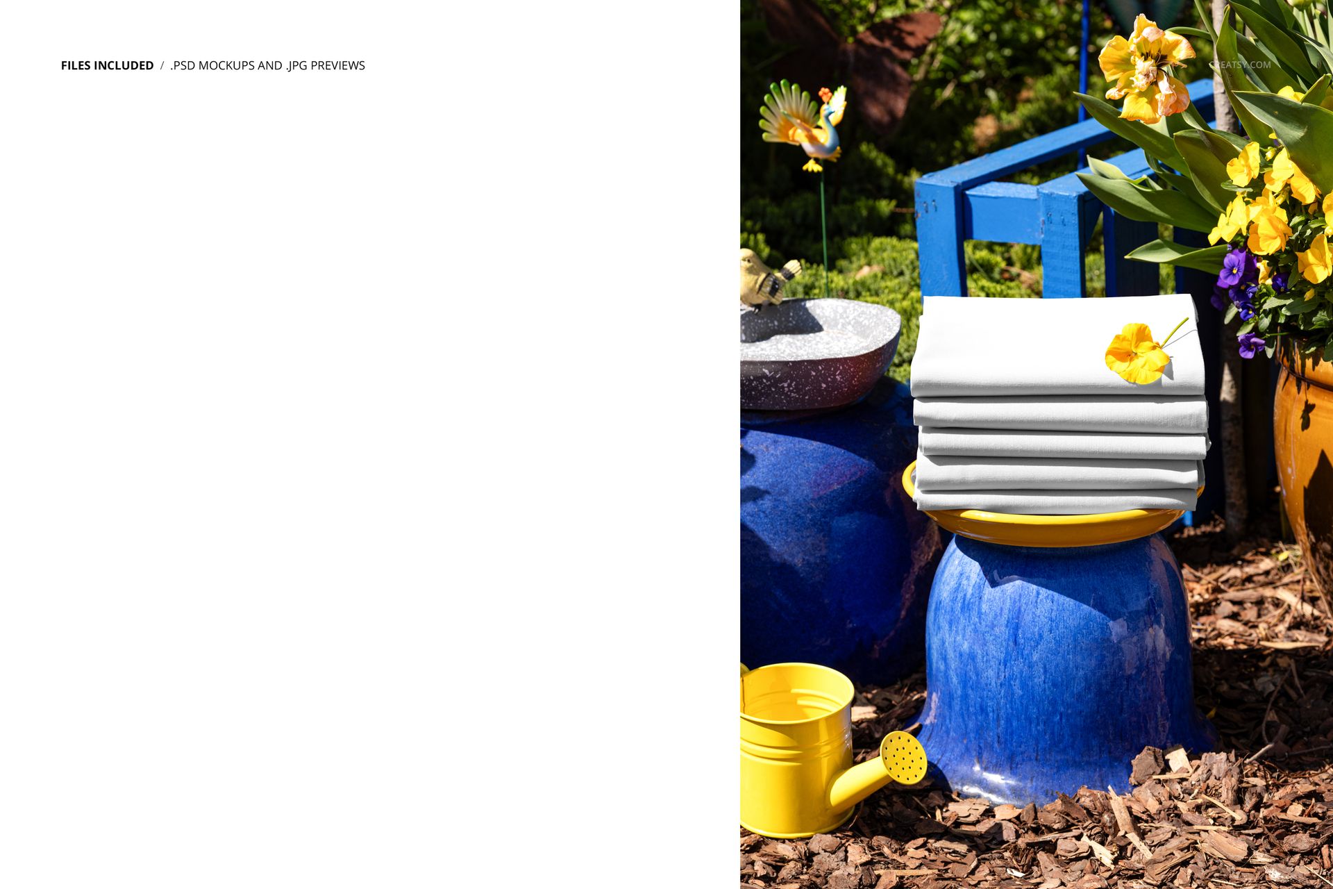PSD mockup showing folded white fabrics with floral accents on a blue ceramic pot, with garden props and flowers.