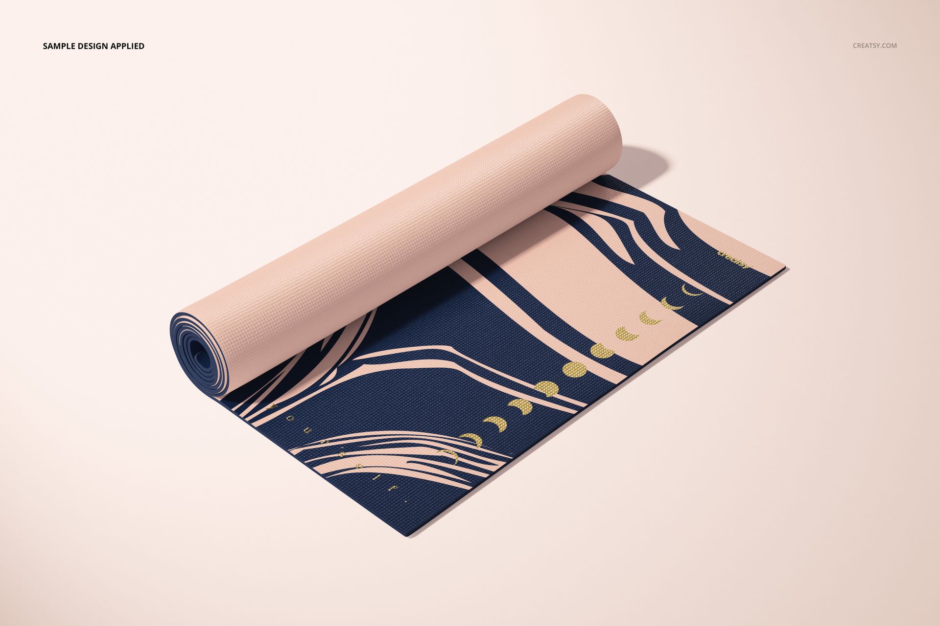 Yoga mat mockup featuring a partially rolled mat with geometric blue and beige design, viewed from the front side.