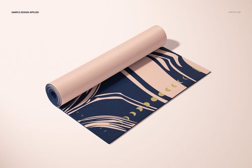 Yoga mat mockup featuring a partially rolled mat with geometric blue and beige design, viewed from the front side.