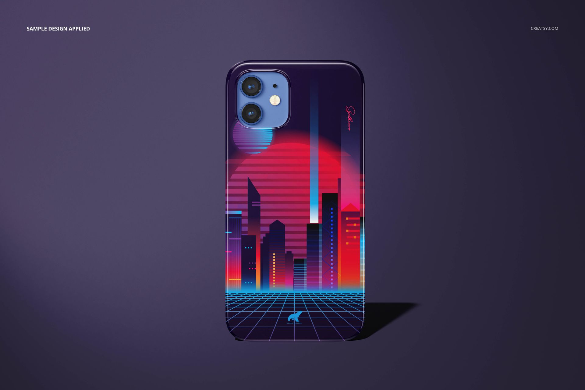 Glossy iPhone 12 snap case mockup displaying a neon city skyline artwork, presented upright against a purple background.