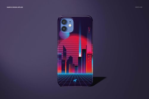 Glossy iPhone 12 snap case mockup displaying a neon city skyline artwork, presented upright against a purple background.