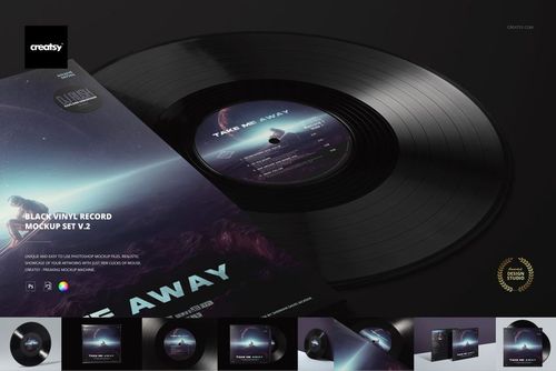 Vinyl record mockup set featuring a black disc and album sleeve, presented in a studio setting with soft lighting.