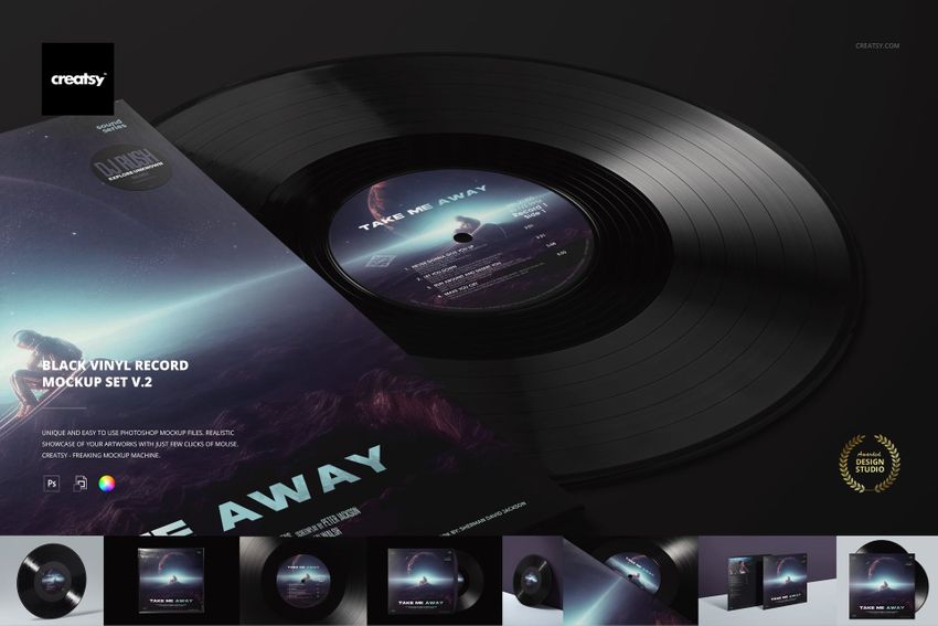 Vinyl record mockup set featuring a black disc and album sleeve, presented in a studio setting with soft lighting.