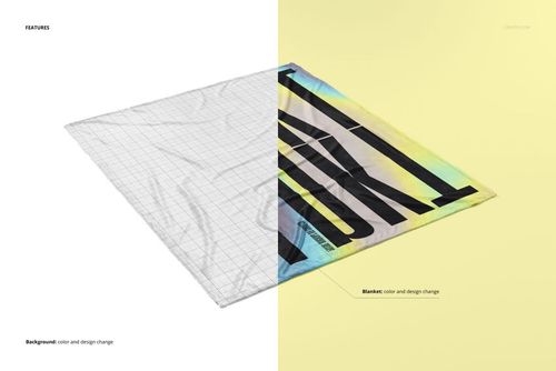 Fleece blanket mockup displayed at an angle, half with grid overlay and half with colorful gradient and bold text design.