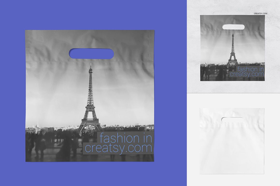 Front view of three plastic bag mockups with die-cut handles, featuring grayscale cityscape designs and blue accents.