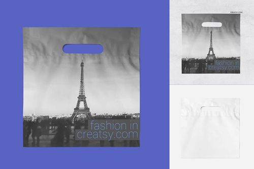 Front view of three plastic bag mockups with die-cut handles, featuring grayscale cityscape designs and blue accents.