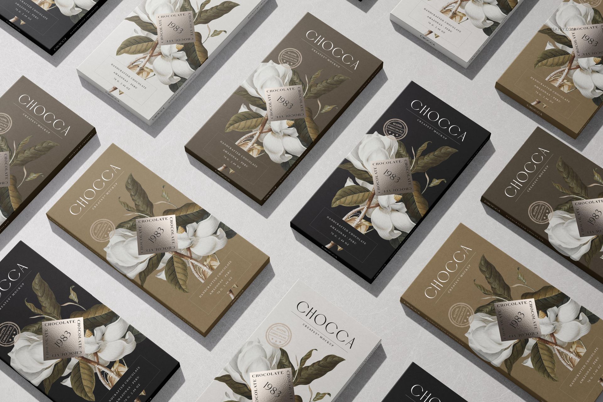 Chocolate bar packaging mockup featuring multiple bars arranged in a diagonal grid, each with floral designs and varying shades of brown, cream, and black wrappers.