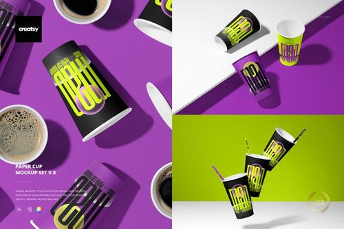 PSD mockup featuring multiple paper cups with graphic prints, displayed alongside coffee cups and straws on vibrant surfaces.
