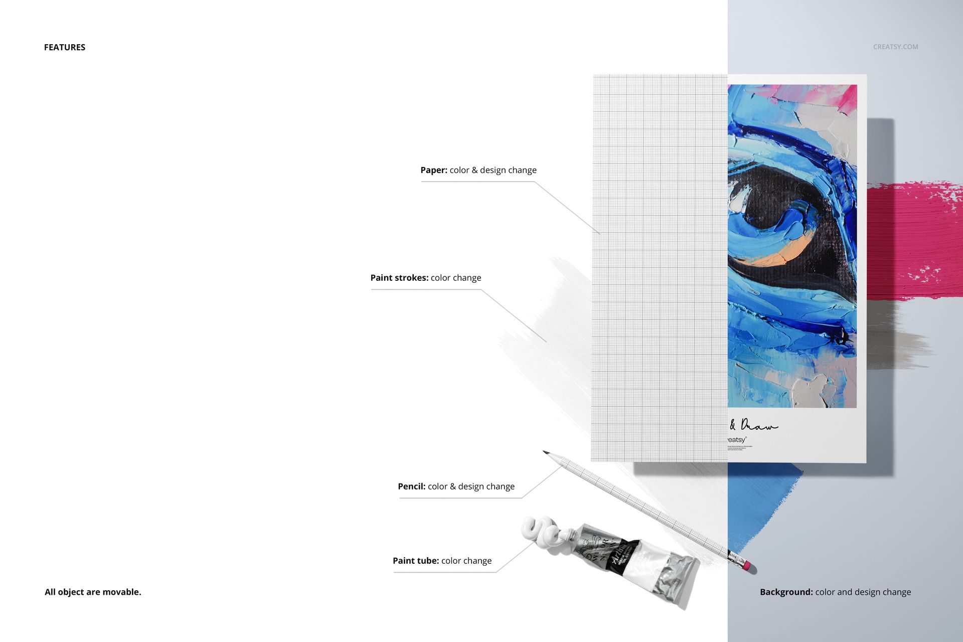 Artistic painting and drawing textured paper mockup with abstract blue and black eye artwork, top view on white background.