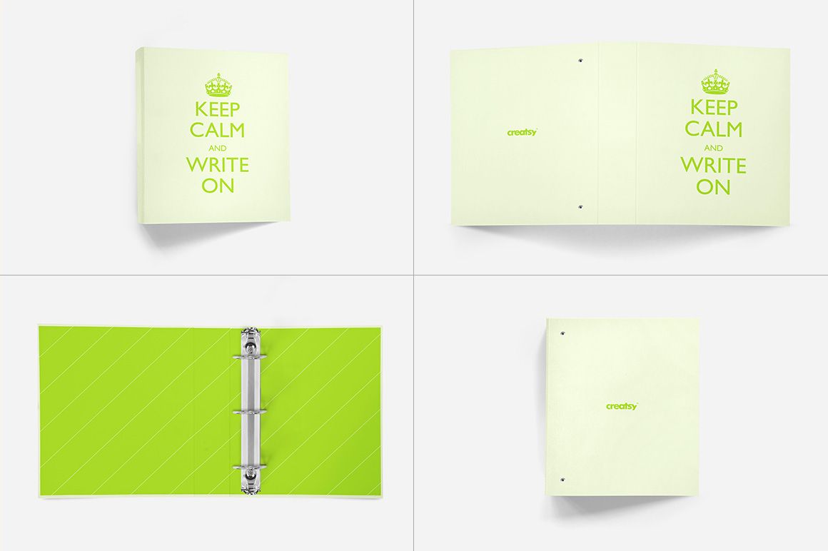 Binder mockup set featuring four views of a light green binder with text, shown closed, open, and from above.