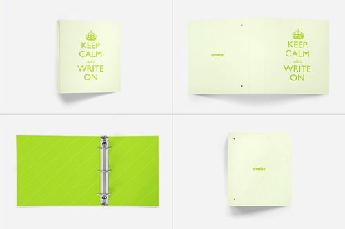 Binder mockup set featuring four views of a light green binder with text, shown closed, open, and from above.