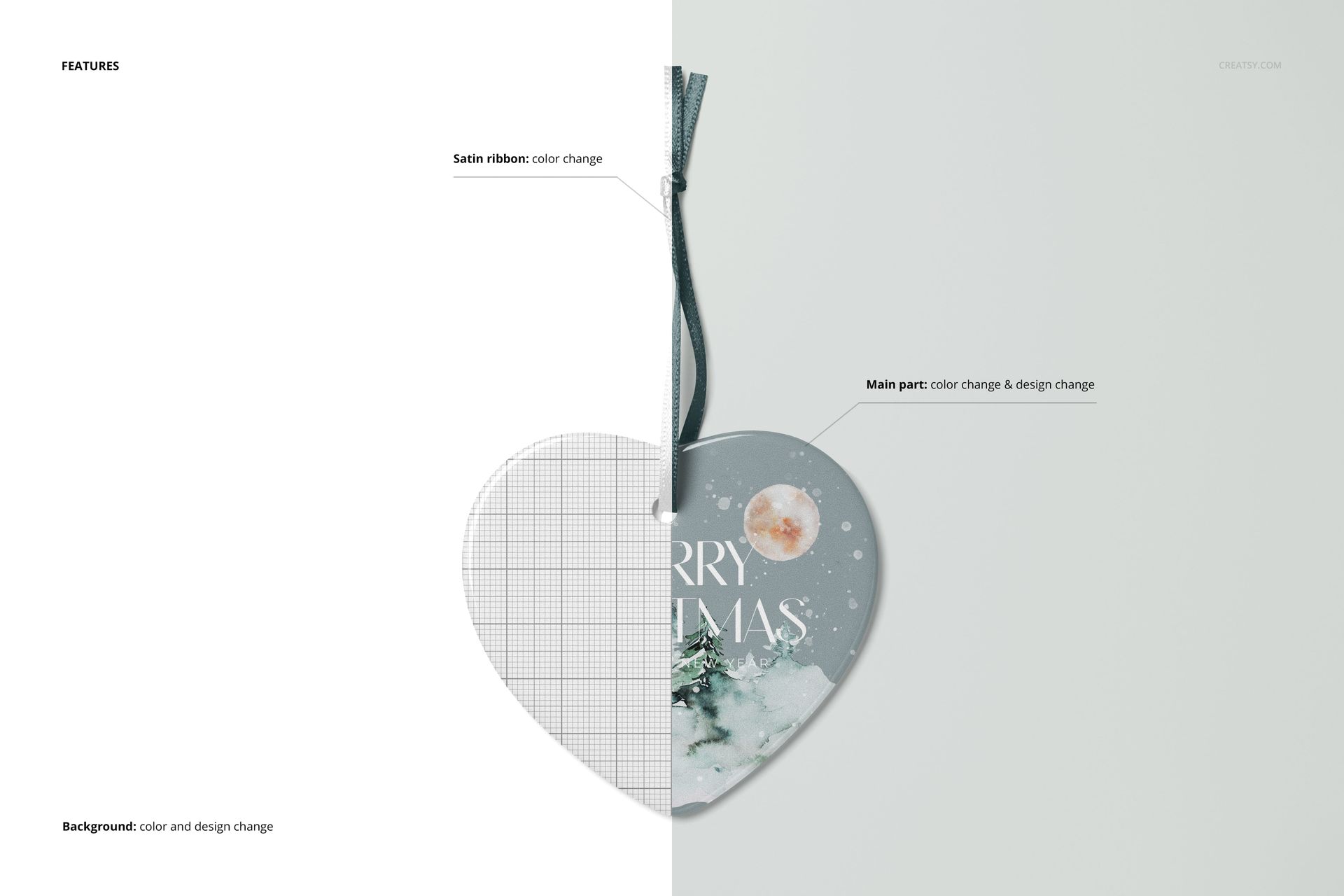 Heart-shaped ceramic Christmas ornament mockup with a satin ribbon, shown in split view with design and grid overlay.