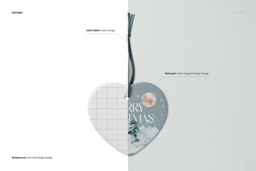 Heart-shaped ceramic Christmas ornament mockup with a satin ribbon, shown in split view with design and grid overlay.