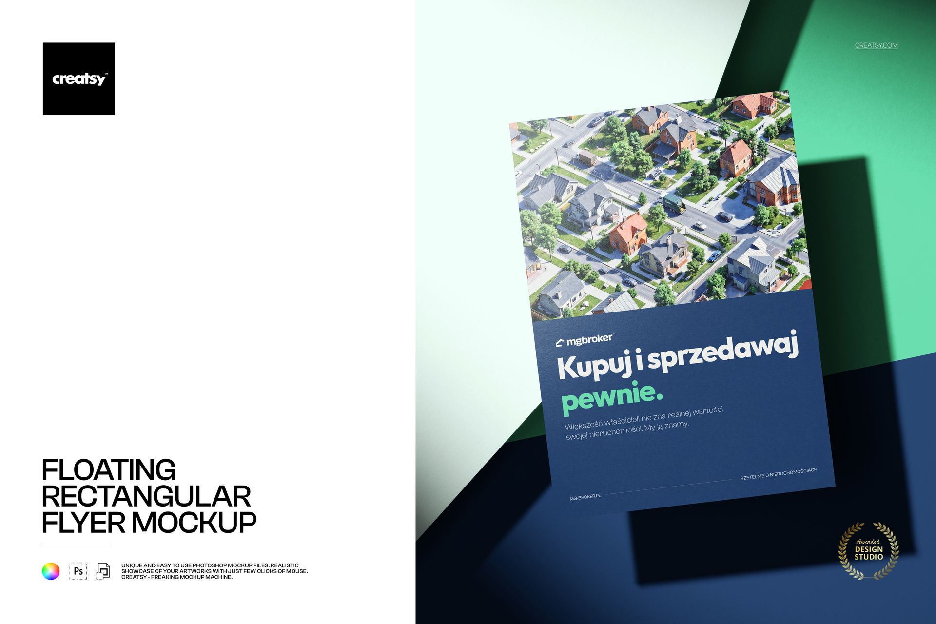 Rectangular flyer mockup floating above a blue surface, featuring an aerial neighborhood photo and modern design.