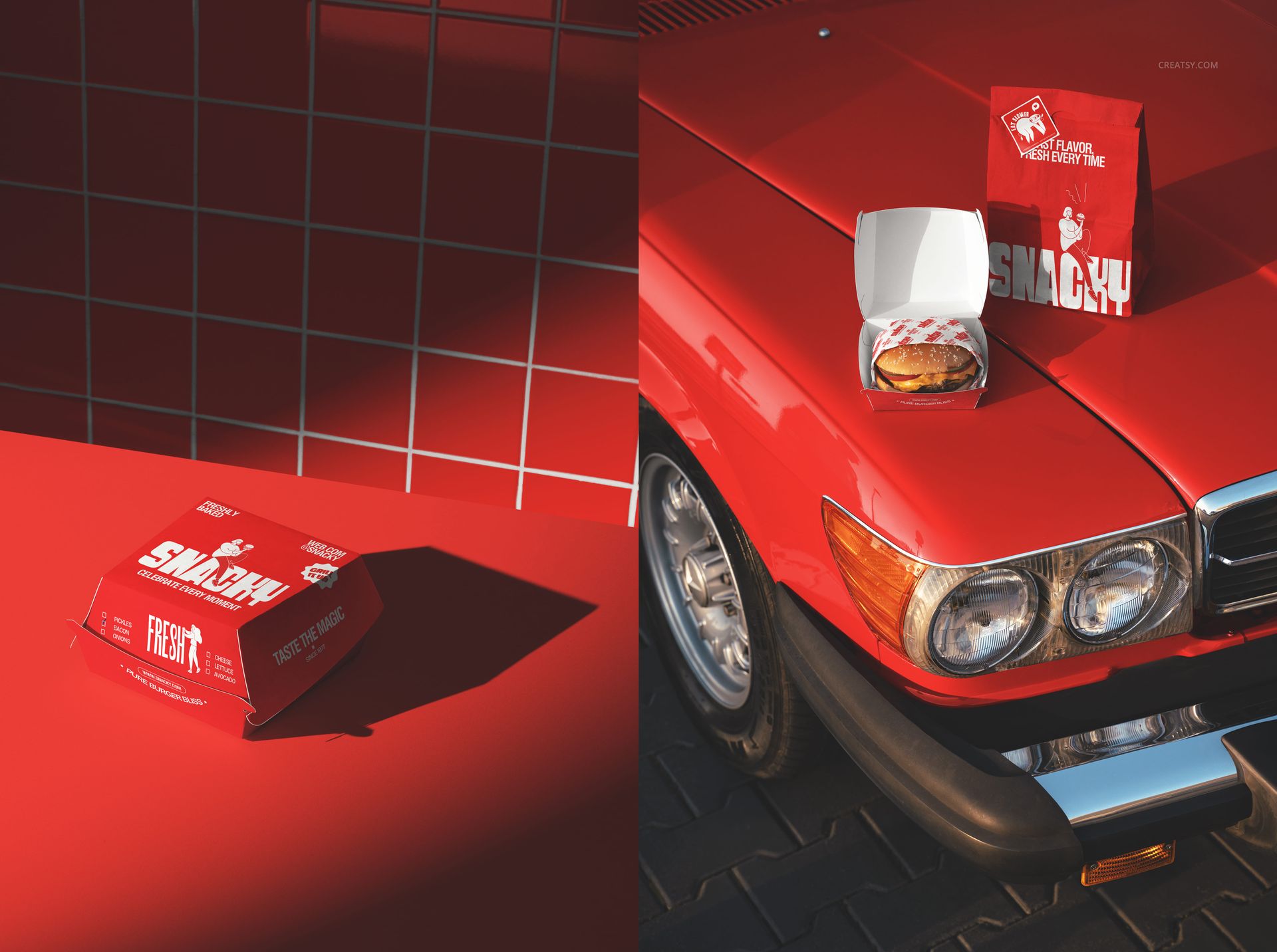 Fast food burger packaging mockup in red and white, displayed closed on a red tiled background and open on a car.